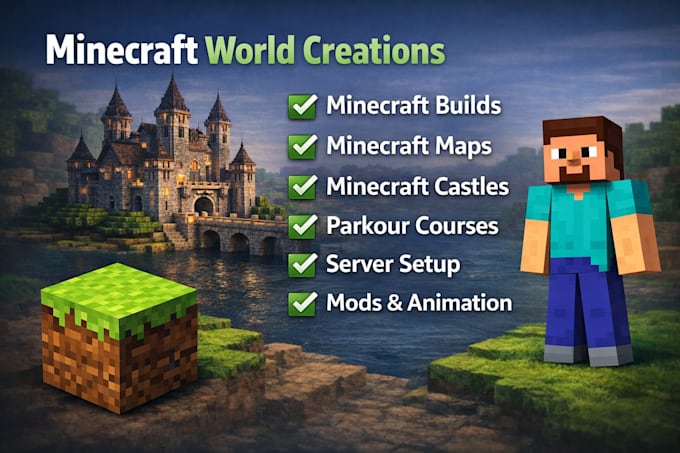 create minecraft builds, maps, castle, parkour, mods, servers and animation