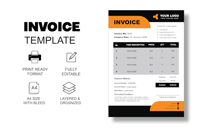 design professional invoice template, letterhead and receipt