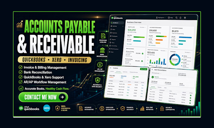 manage accounts receivable,accounts payable,invoicing, quickbooks reconciliation