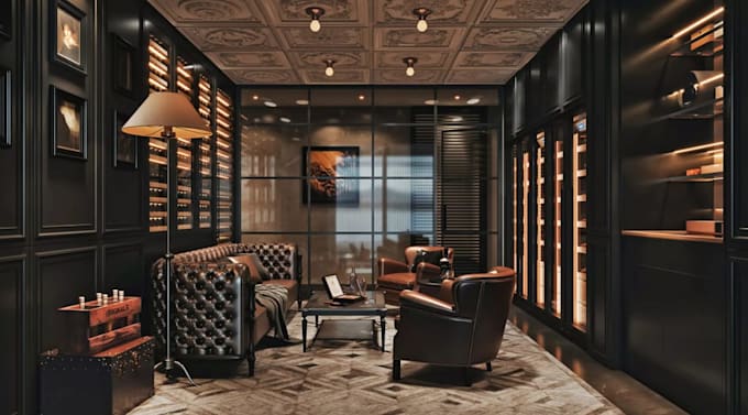 design cozy cigar room, private lounge rendering, interior dim lightning setup