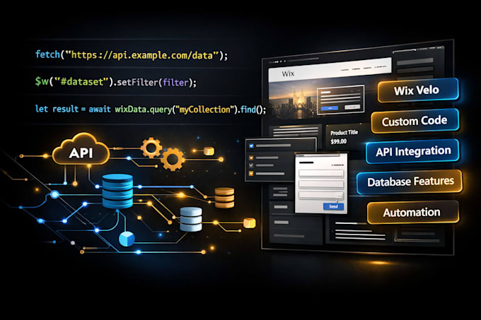 create custom wix velo code, API integrations, and database features