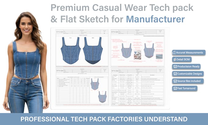 do a denim tech pack and sewing pattern for jeans or jacket