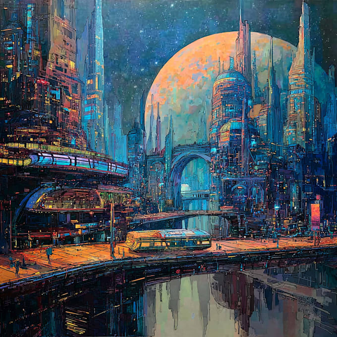 Create a cyberpunk illustration sci fi futuristic city by Sareraster ...