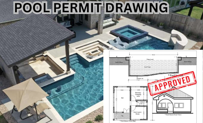 swimming pool plans set, backyard, landscape design garden design permit drawing