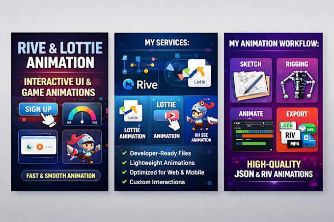 create rive, lottie, eeb animation, interactive ui and game asset animation