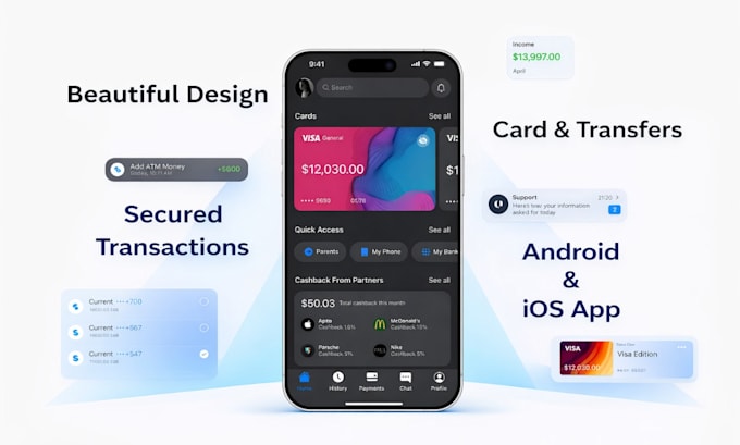 develop custom money transfer app fintech app with wallet payment bank card