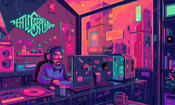 do 2d retro 8bit 16bit pixel art character looping lofi animation, animated gif