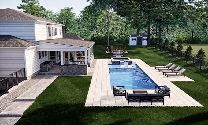 do backyard landscape design, landscape rendering, outdoor garden pool design