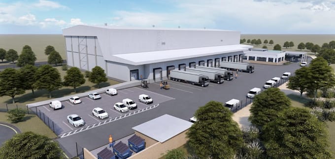 construct 3d logistic warehouse,industrial exterior retail,parking space render