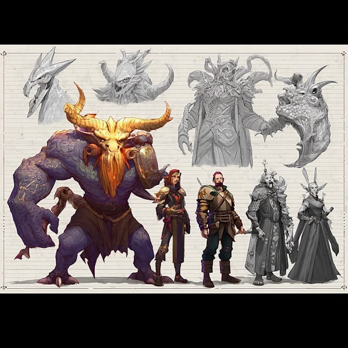 create a fantasy dnd party and scifi monster design character