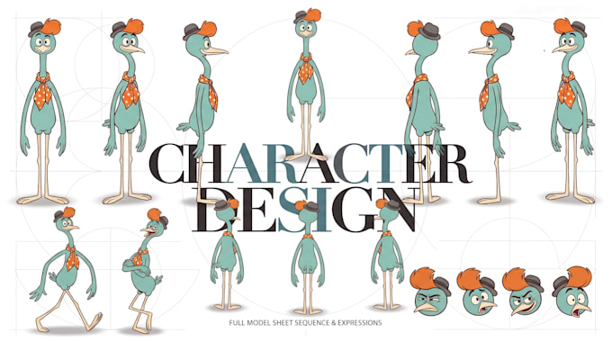 create a 2d character design with turnaround and expressions