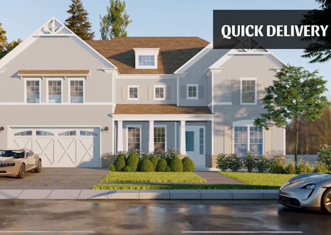 visualize farmhouse, render realistic cabin house, small apartment, front facade