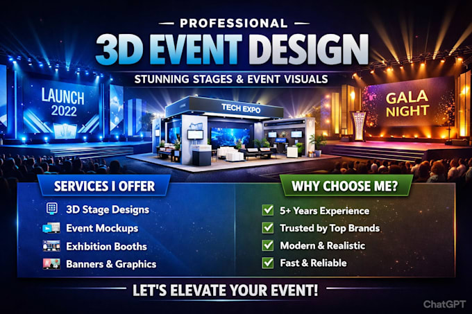 design 3d event stage, virtual staging, 3d rendering, event design, planning