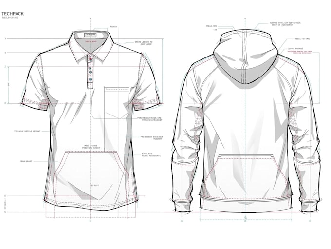 design polo shirt, hoodie technical sketch and techpack