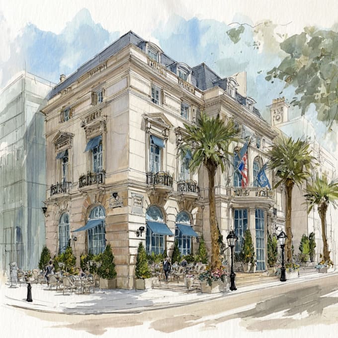 sketch architecture building with watercolor rendering