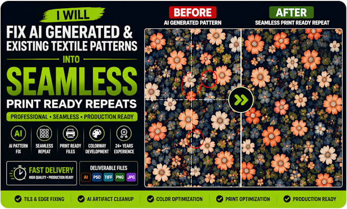 fix ai generated and existing textile patterns into seamless print ready repeats