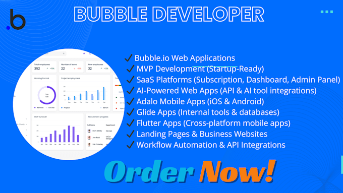 bubble developer, mvp, bubble io website, adalo glide flutter, saas ai website