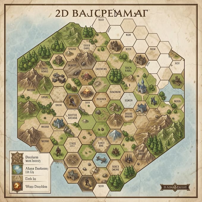 design printable 2d board game map, fantasy battlemap, hex or isometric map art