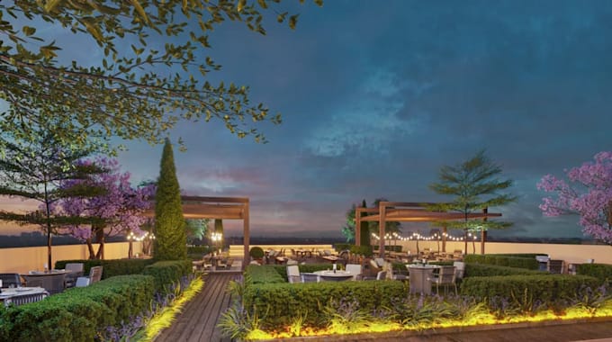 redesign conceptual rooftop restaurant, render cafe outdoor,lounge bar visualize