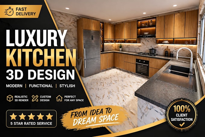 design a luxury modern kitchen with realistic 3d render