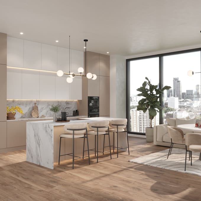 kitchen living room 3d visualization