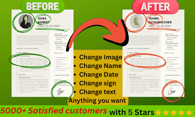 edit your document professionally change name, images, dates, text etc