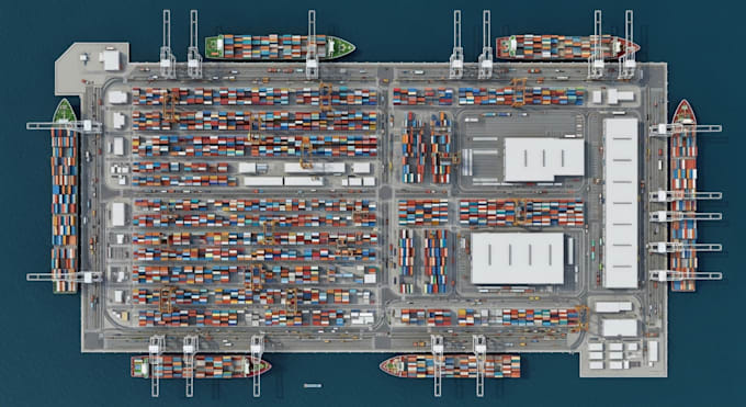 do 3d seaport, ship port, container terminal, docking system and crane operation