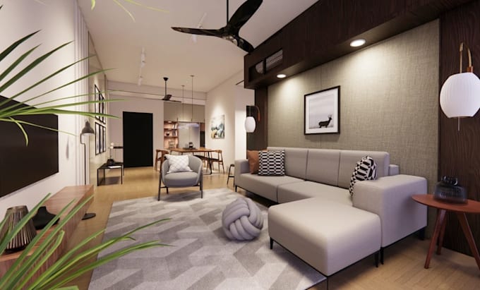 craft3d cozy condo interior, modern apartment decor, open plan layout cgi render
