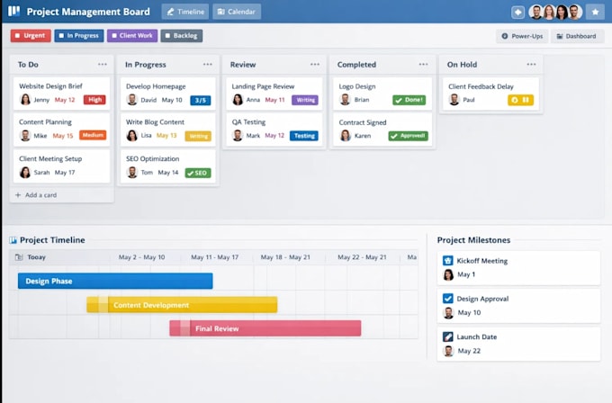 create a complete trello project system for tasks timelines and delivery