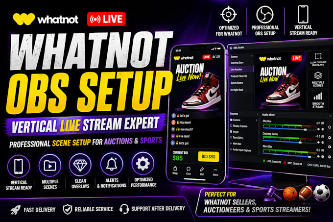 setup whatnot live stream obs scenes for vertical auction and sports streaming