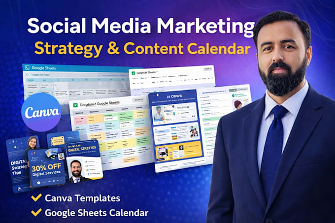 design a 30 day social media strategy and canva content calendar