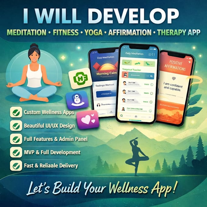 develop meditation app, fitness, yoga app, affirmation app, therapy app
