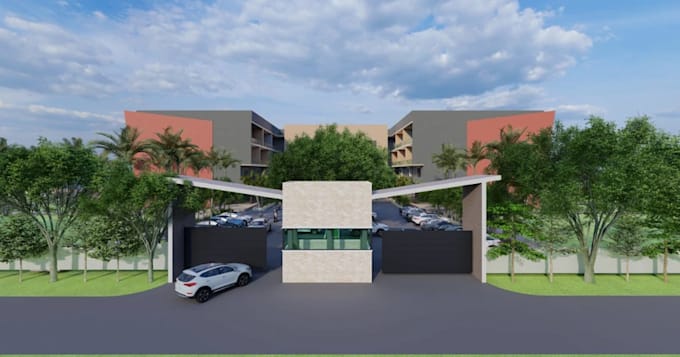 function hotel building,3d site plan,parking space, commercial facilities render