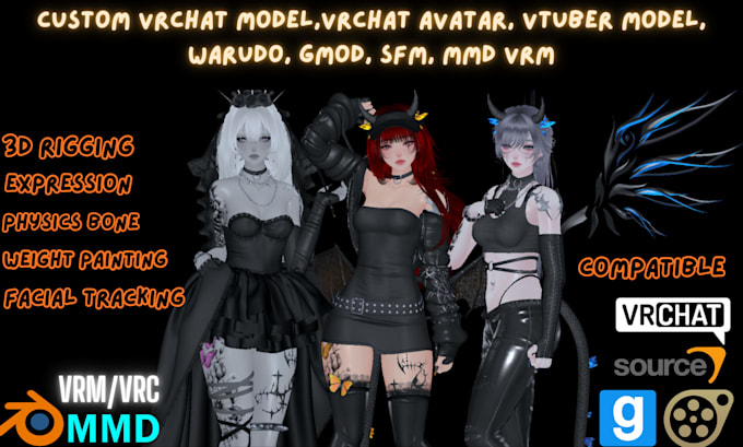 fix vrchat model, rig 3d vrchat avatar, vtuber model, warudo, gmod, sfm, mmd vrm