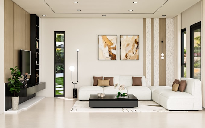 create a living room design with 3d renders