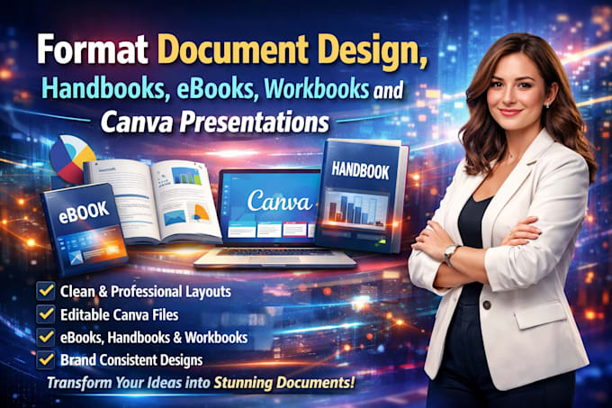 format document design, handbook ebooks, workbooks and canva presentations