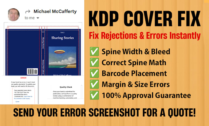 fix KDP book cover errors, bleed, and spine width for instant approval