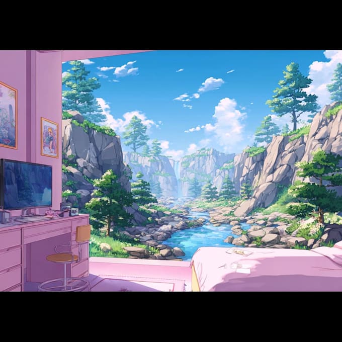 do a anime background art, game, concept art for vtuber stream