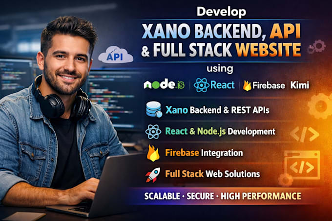 develop  xano backend, API full stack website using nodejs, react, firebase kimi