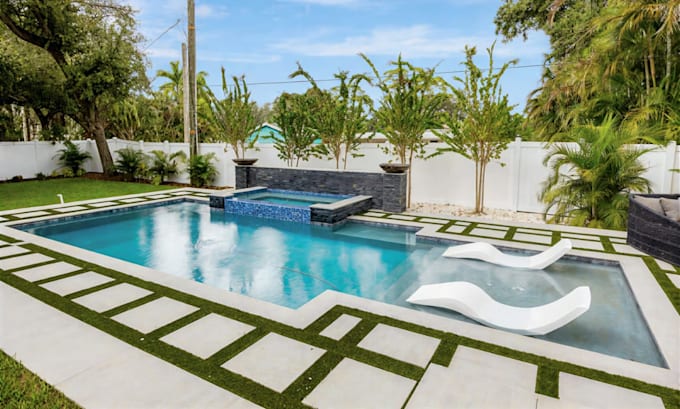 do backyard landscape design, 3d rendering for pool, patio and garden design