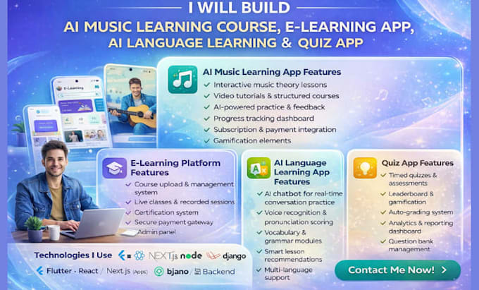 build ai music learning course, e learning app, ai language learning, quiz app