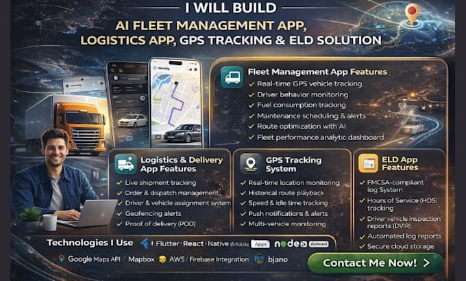 build ai fleet management app, logistics app, gps tracking, automobile, eld app
