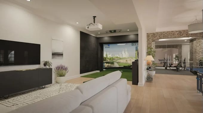 reconstruct 3d golf club house, golf simulator render, interior lounge model