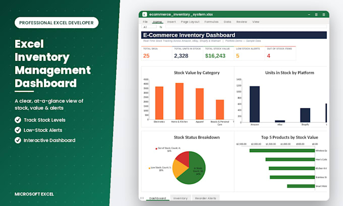 create an excel inventory management dashboard for ecommerce