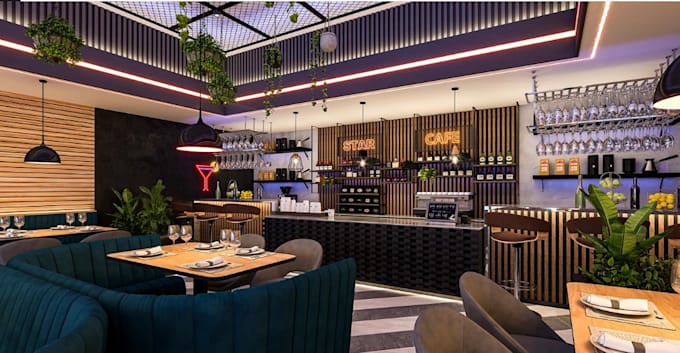 remodel 3d modern restaurant interior, cafe design,bar render, walkthrough video