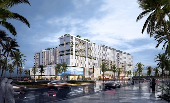 3d coastal development, green building,commercial compound,cgi ocean view render