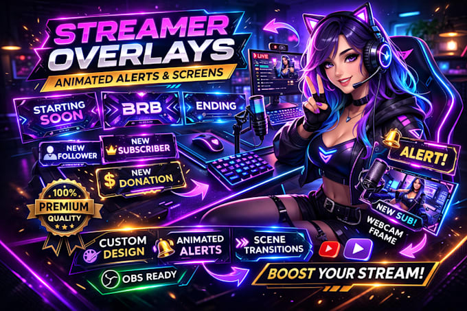 design animated twitch overlays, alert, stream screen