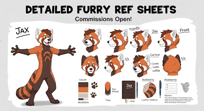 draw detailed furry ref sheet, fursona reference sheet, anthro oc ref sheet
