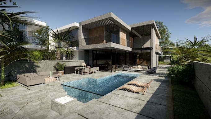 refurbish luxury villa exterior, sustainable design visualization, cgi rendering