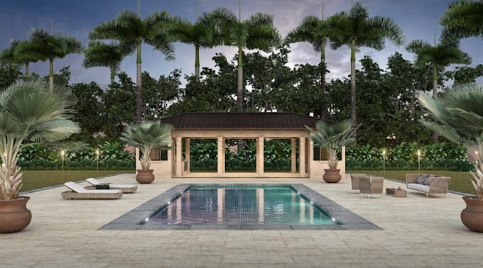 provide simple tropical landscape design, mediterranean gazebo rendering, pool